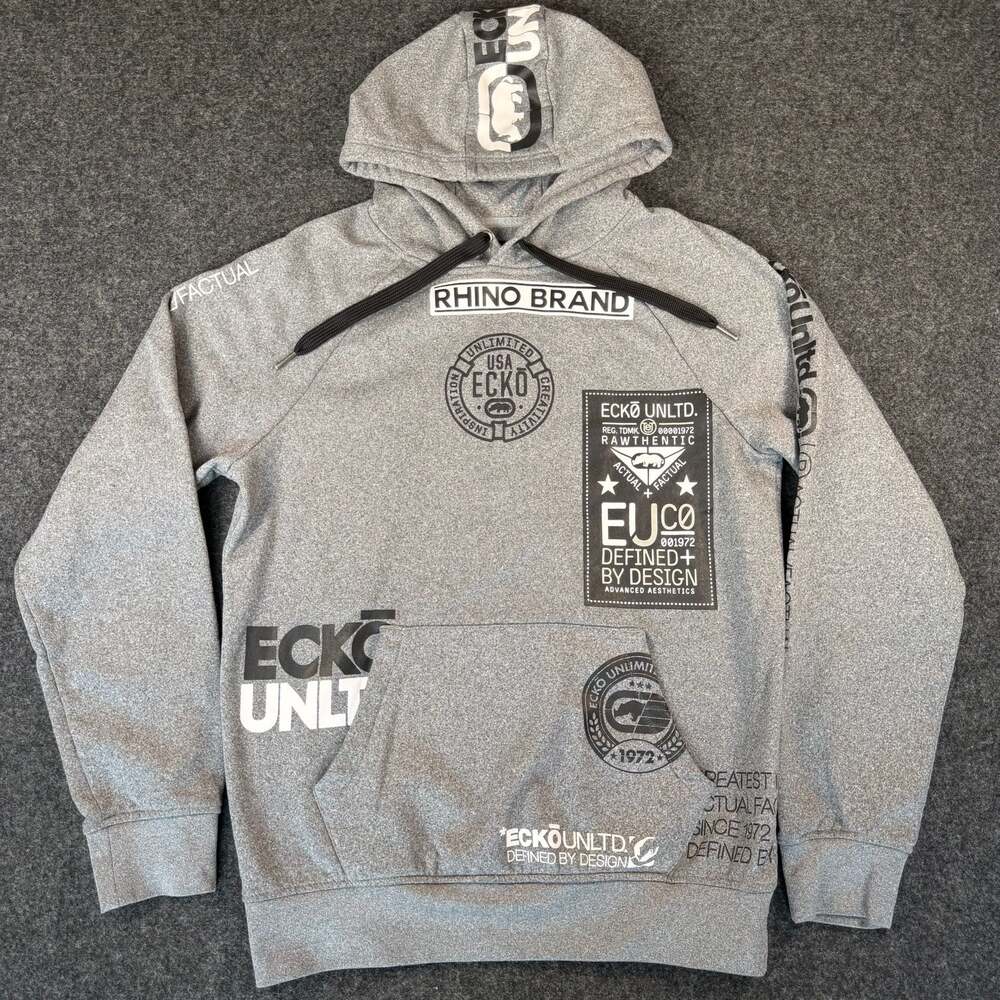 Ecko Unltd Rhino Brand Graphic All Over Print Pullover Hoodie Gray Men's Size S